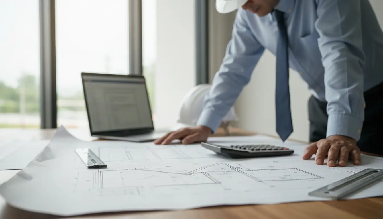 Civil engineer reviewing apartment floor plan before purchase
