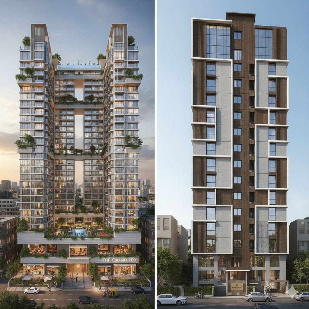 high-rise with amenities vs a simple building