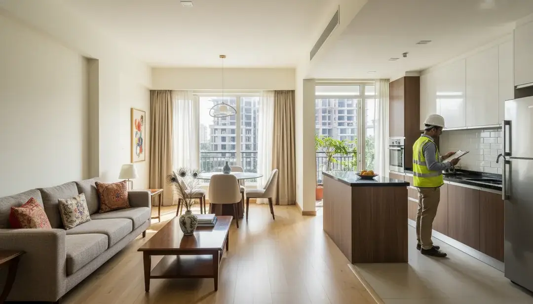 A bright, modern apartment with a cozy living room and an open kitchen. A person in a construction vest and helmet is inspecting the kitchen area, conveying a tone of progress and inspection.