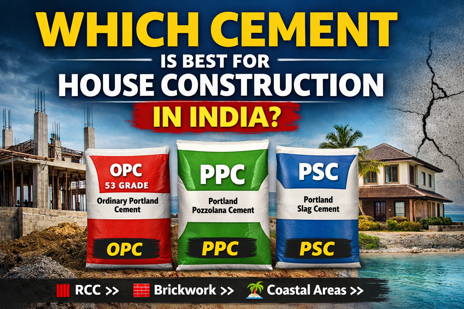 Comparison of OPC, PPC, and PSC cement types for house construction in India with a construction site and coastal house showing where each cement is used.