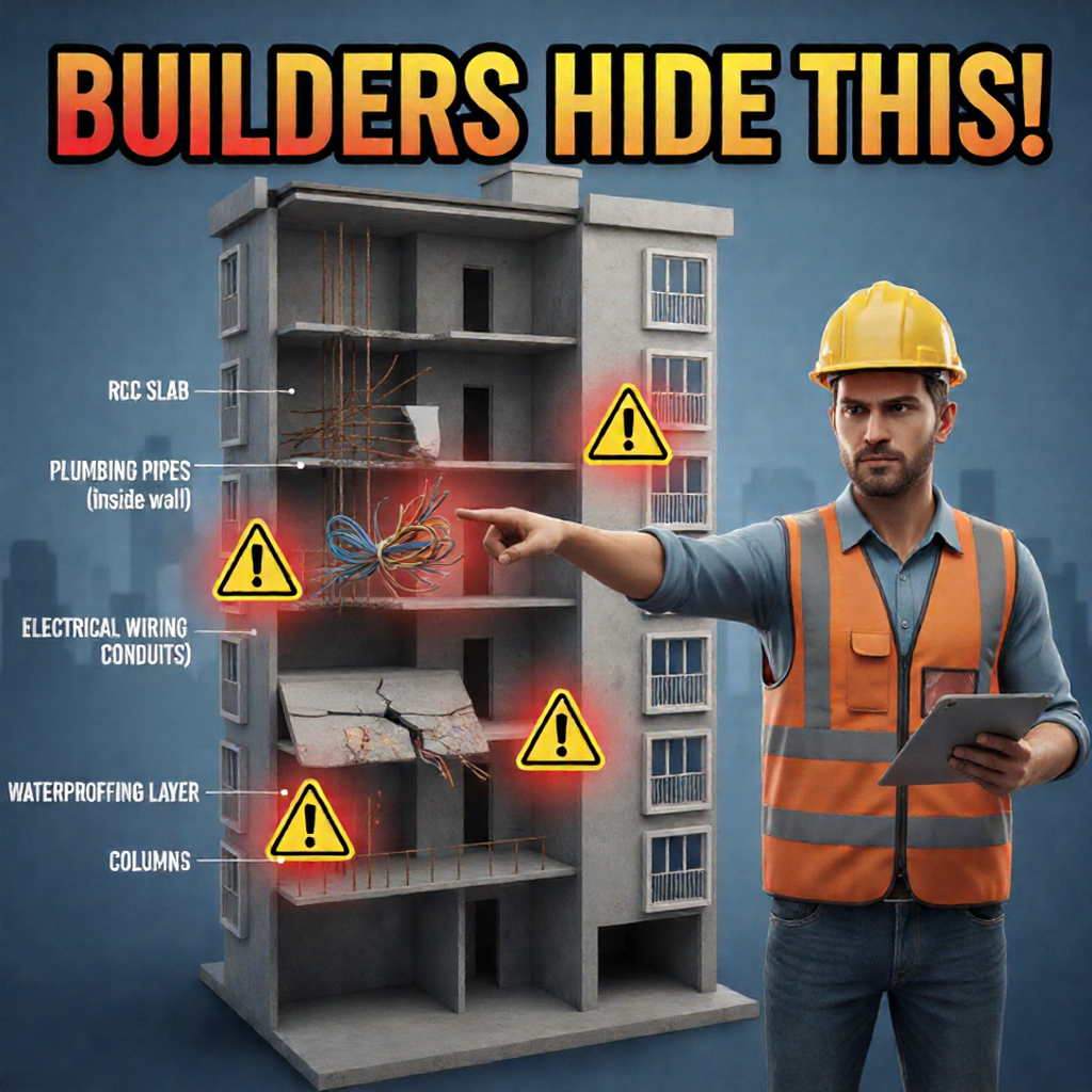 featuring large, bold text at the top that reads 'BUILDERS HIDE THIS!'. On the left is a 3D cutaway model of a multi-story apartment building, revealing severe internal construction defects such as exposed rebar, tangled wiring, and cracked concrete slabs. These defects are highlighted with glowing red spots and yellow caution signs, alongside labels pointing to elements like 'RCC SLAB', 'PLUMBING PIPES', and 'ELECTRICAL WIRING CONDUITS'. On the right stands a serious-looking construction engineer wearing a yellow hard hat and an orange safety vest. He is holding a tablet in one hand and pointing accusingly at the building's hidden problems with the other. The background is a dark blue gradient with a faint city skyline silhouette."