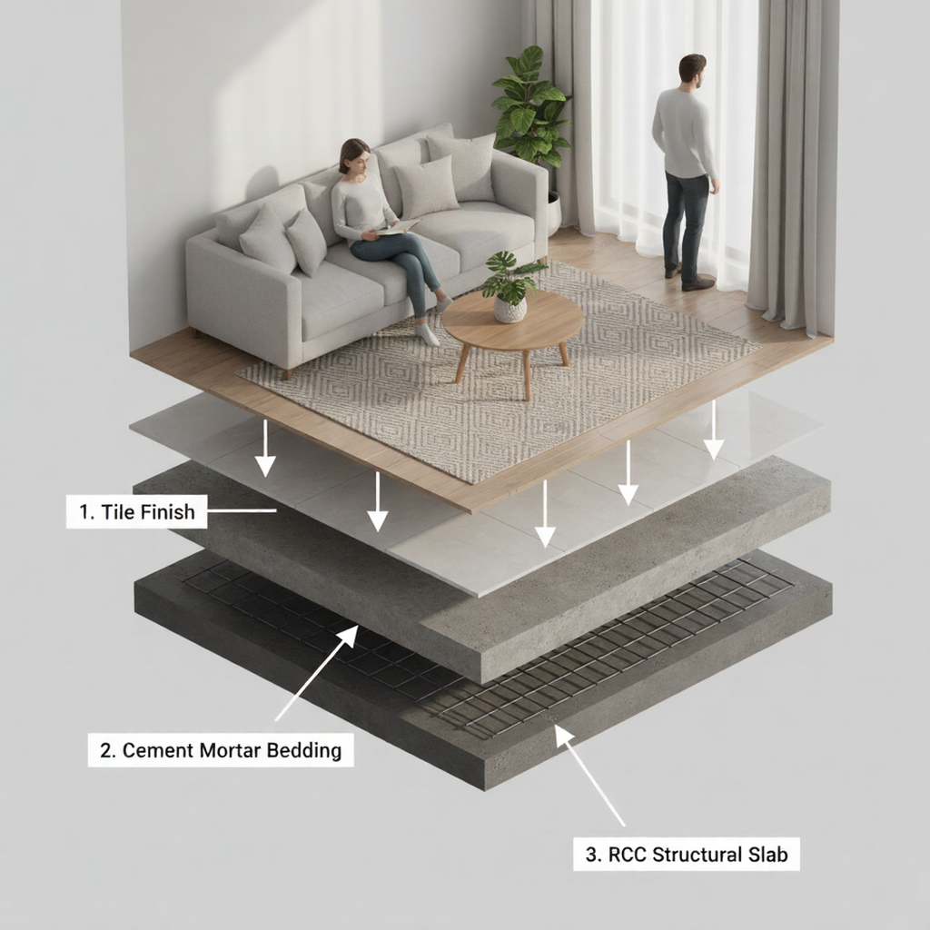 A 3D architectural cutaway infographic showing a living room interior floating above three separated floor construction layers. The layers are labeled from top to bottom: 1. Tile Finish, 2. Cement Mortar Bedding, and 3. RCC Structural Slab."