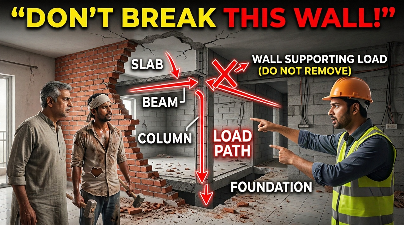 A realistic architectural infographic set in an Indian apartment showing the structural danger of removing a load-bearing wall. A civil engineer points to a red-arrow load path diagram labeled Slab, Beam, Column, and Foundation, while a worried homeowner and worker look on. Text overlay reads: 'DON’T BREAK THIS WALL!'"