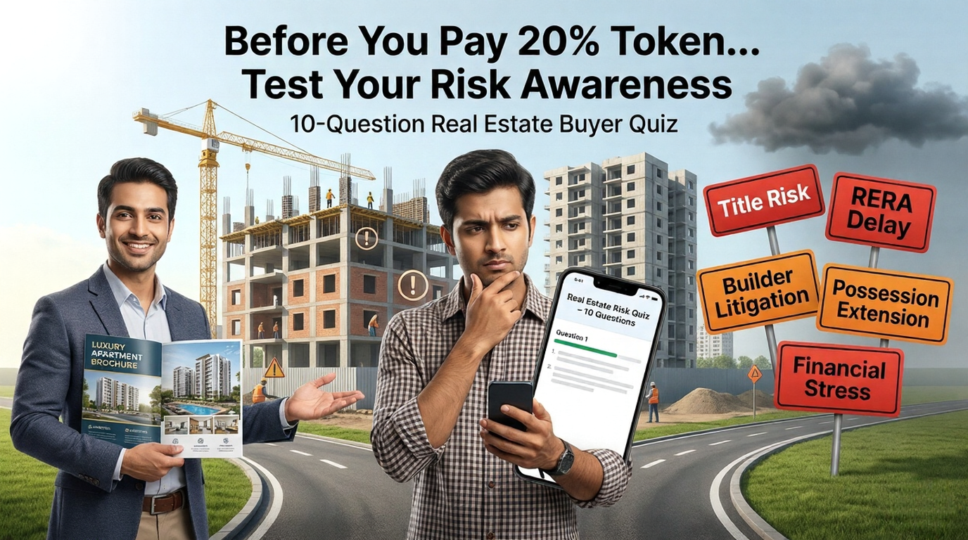 "An Indian home buyer stands at a fork in a road, choosing between a smiling salesman holding a luxury brochure and a path filled with warning signs like 'RERA Delay' and 'Title Risk.' The man holds a smartphone showing a 'Real Estate Risk Quiz.' Background shows a high-rise construction site with the headline: 'Before You Pay 20% Token... Test Your Risk Awareness.'