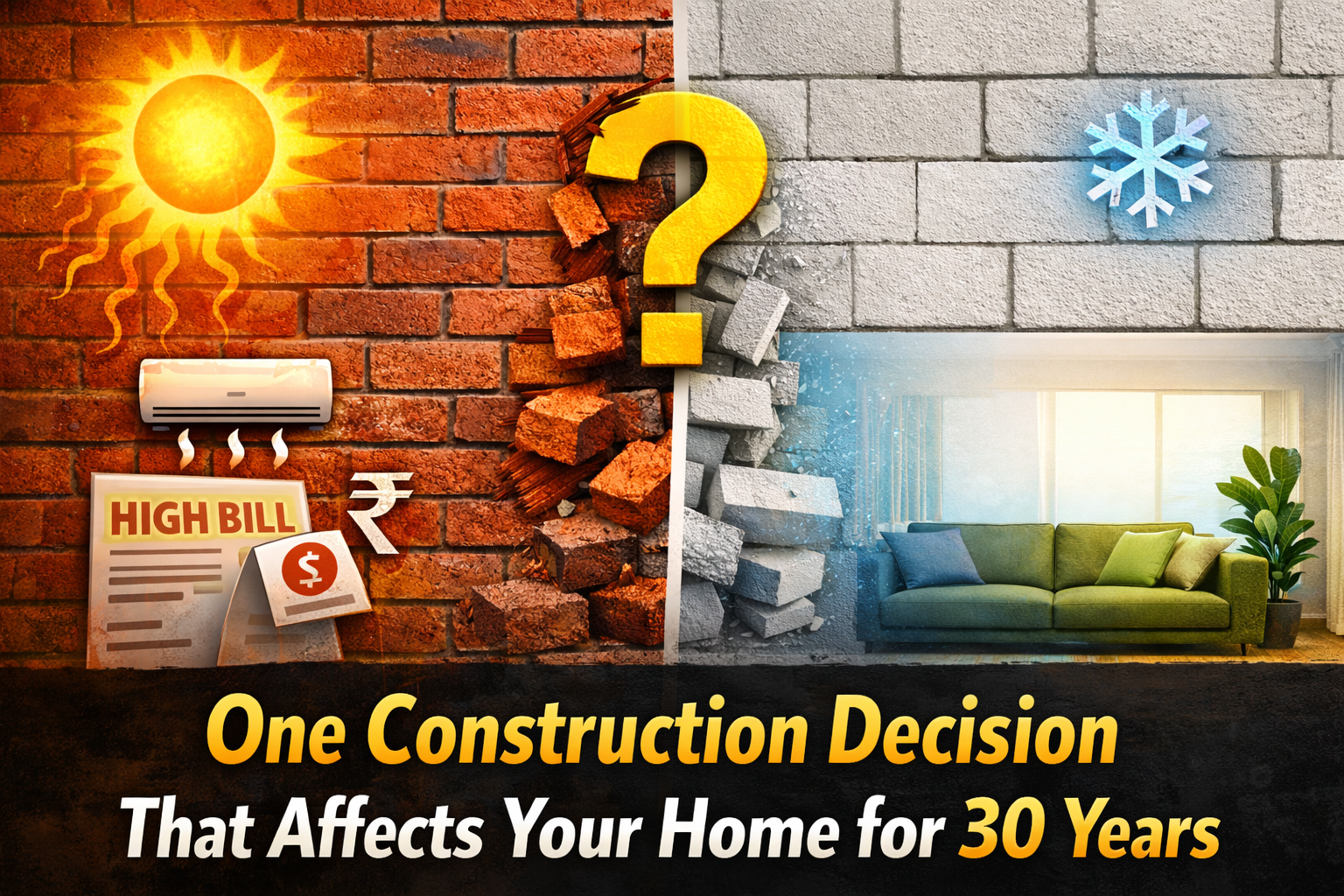 “Split comparison of red brick wall and AAC block wall showing heat vs cool home interior, illustrating how wall material affects home comfort and electricity bills.”