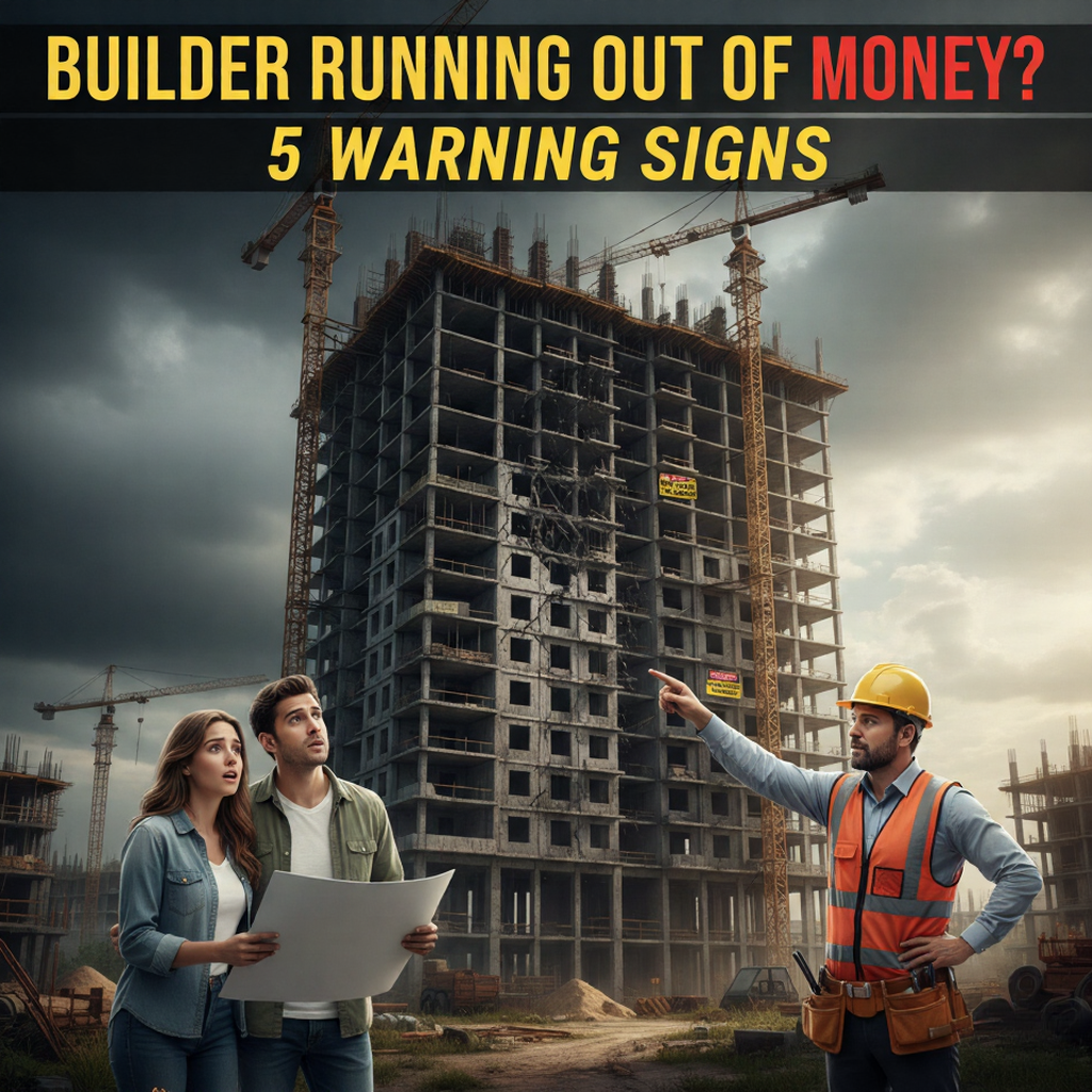 "A dramatic YouTube-style thumbnail featuring a worried young couple holding floor plans in front of a gray, skeletal high-rise building under construction. To the right, a civil engineer in a yellow hard hat and safety vest points toward cracks and structural damage on the building's facade. The sky is dark and moody with storm clouds. At the top, bold text reads 'BUILDER RUNNING OUT OF MONEY?' and '5 WARNING SIGNS' in yellow and red.