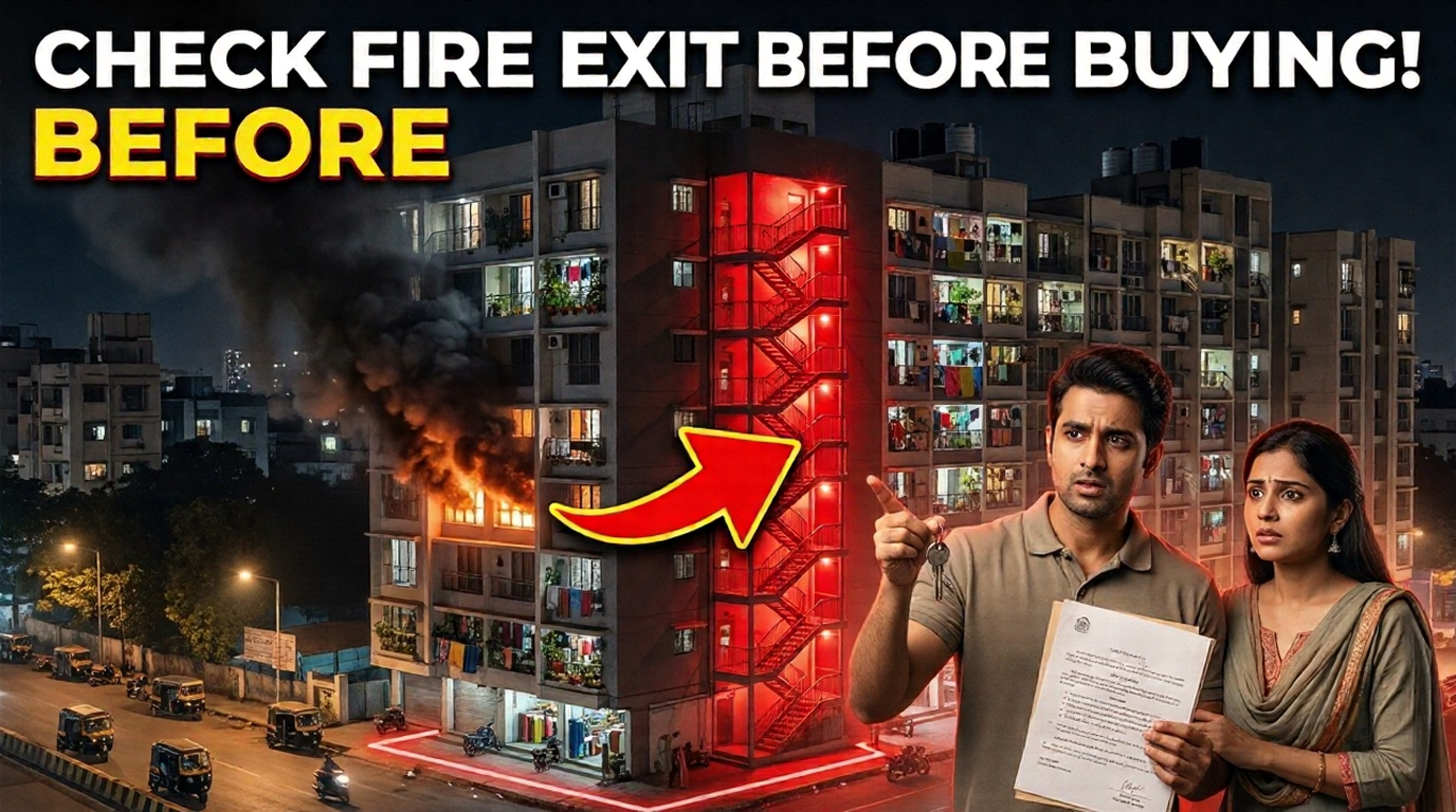 A wide-angle landscape photograph shows a modern Indian high-rise apartment building at night, with one upper-story window engulfed in fierce, localized orange flames and thick black smoke billowing out against the dark blue sky. Above the building, a large text overlay in white and yellow font on a dark background reads, "CHECK FIRE EXIT BEFORE BUYING!" and "BEFORE". A prominent red graphic arrow with a yellow outline curves from the fire toward a brightly lit exterior fire exit staircase on the adjoining block of the building. Below the fire, a yellow graphic icon of a flame is crossed out by a large red 'X'. The surrounding residential streets are visible, lined with streetlights and parked, typical Indian vehicles like auto-rickshaws and two-wheelers. In the right foreground, a worried-looking Indian man in a khaki shirt points a finger toward the building. He holds a single house key in his other hand. Standing beside him is an Indian woman in a peach-colored salwar kameez, her expression full of distress as she looks toward the fire, pressing her hands together. The man is also holding an official-looking document with Marathi text, notably the words "साले डीड" (Sale Deed) visible at the top. The couple is positioned as if standing on a rooftop or balcony looking across at the scene.