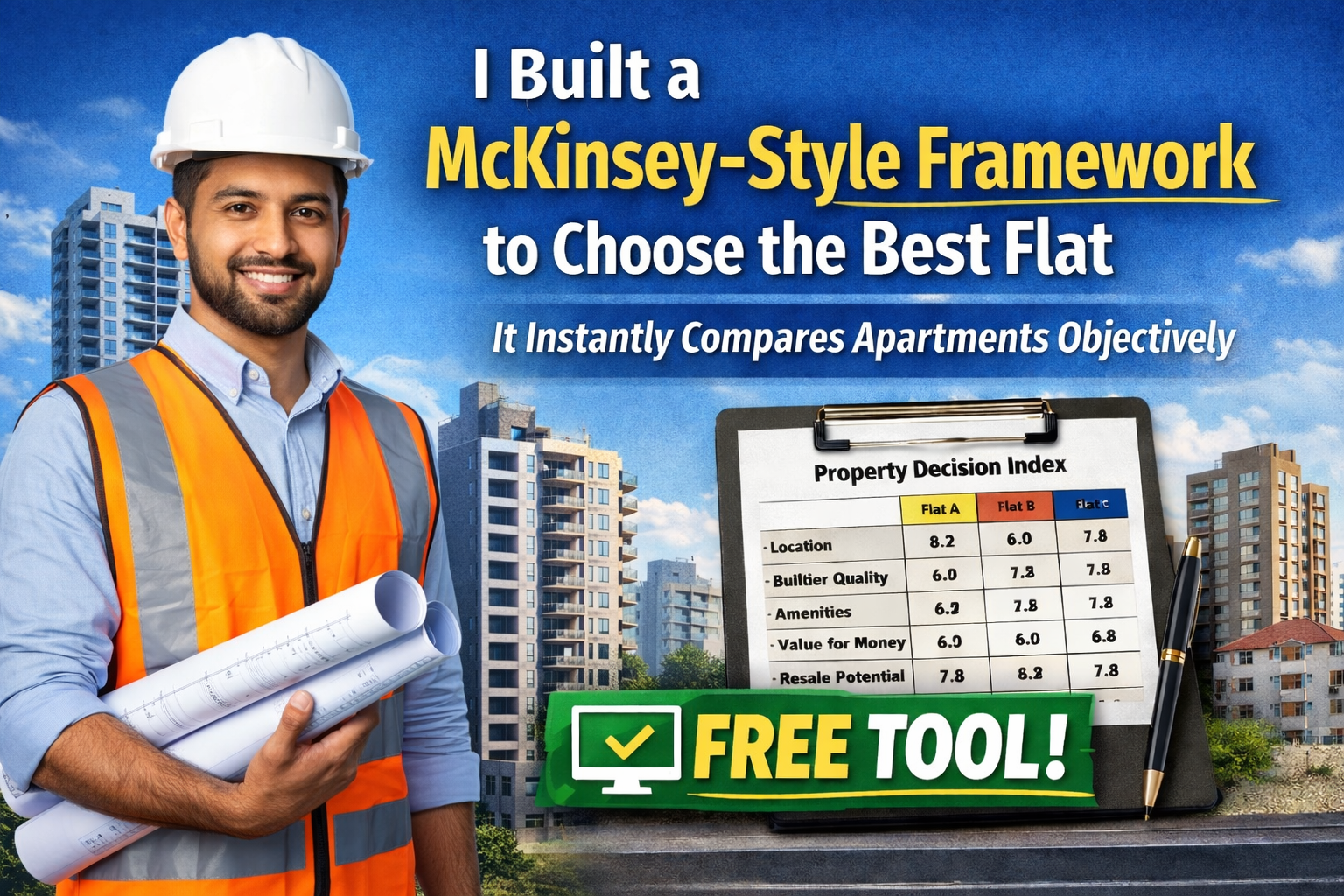 “Young civil engineer holding blueprints in front of high-rise apartments promoting a McKinsey-style framework to compare flats objectively with a free property decision tool.”