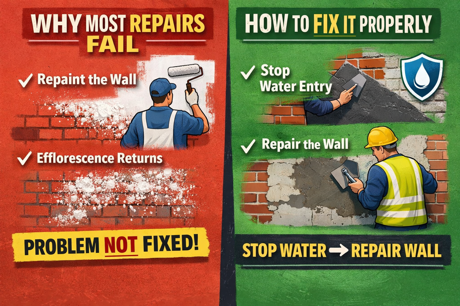 Comparison showing why efflorescence repairs fail when walls are only repainted and how proper repair stops water entry before wall restoration