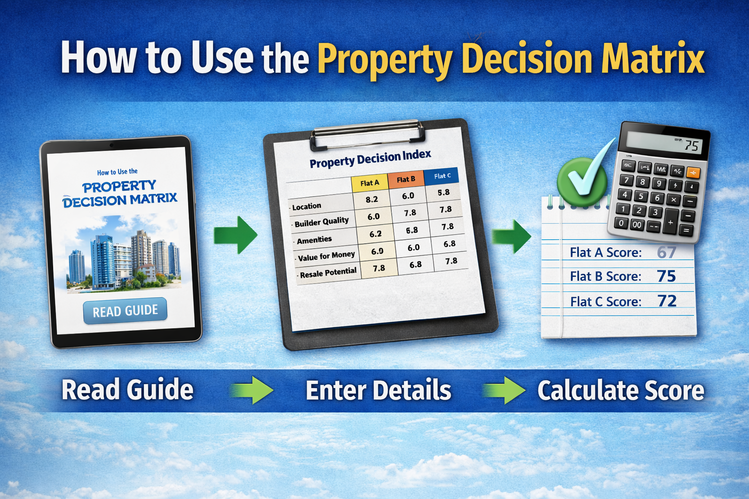 How to use the Property Decision Matrix showing apartment comparison process with property decision index and score calculation.
