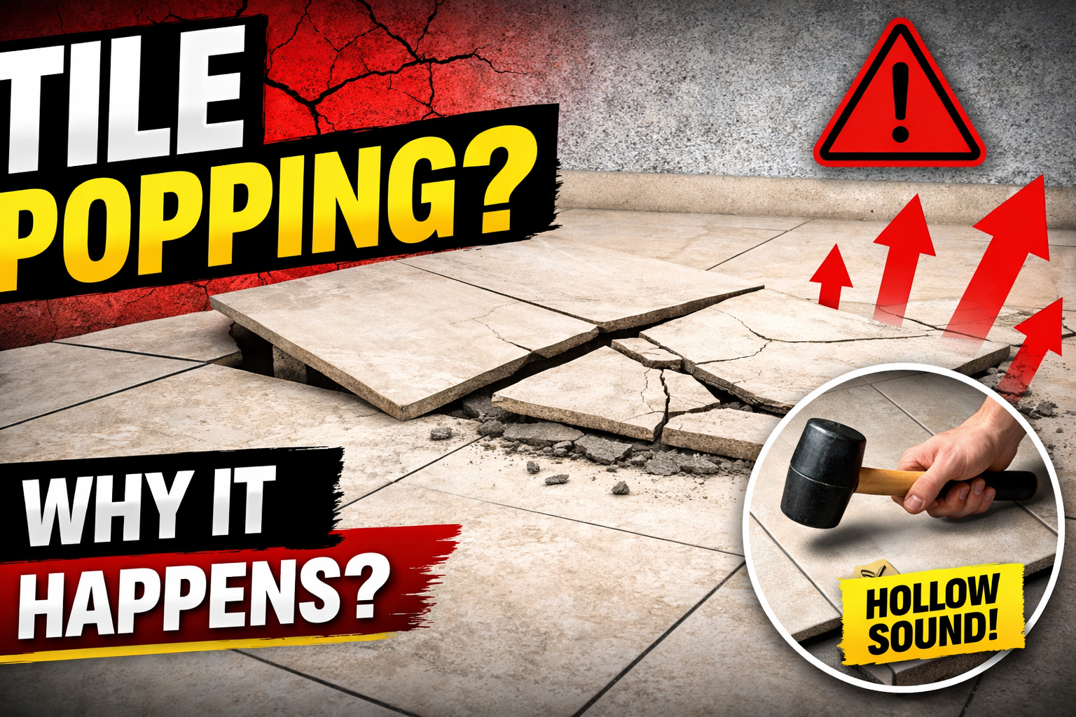 “Cracked floor tiles lifting upward with bold text ‘Tile Popping? Why It Happens?’ and a hand tapping tiles showing hollow sound warning.”