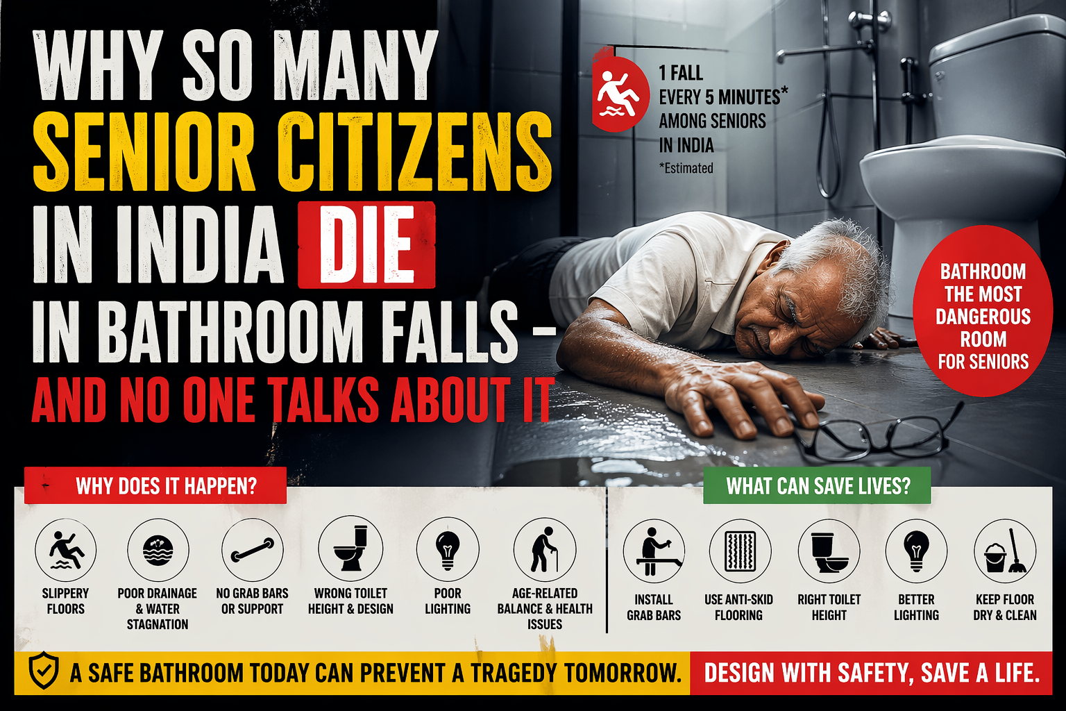 Elderly man lying on a wet bathroom floor after a fall, highlighting the danger of slippery tiles and poor bathroom design for senior citizens in India, with visual tips for preventing accidents.