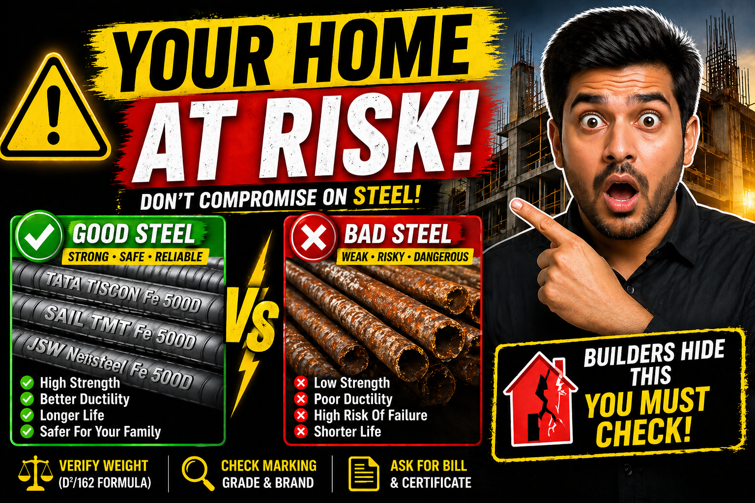 “Shocked man pointing at under-construction building with bold text ‘YOUR HOME AT RISK!’ showing comparison between good steel (clean TMT bars) and bad steel (rusted bars), highlighting safety risks and builder scams in construction.”