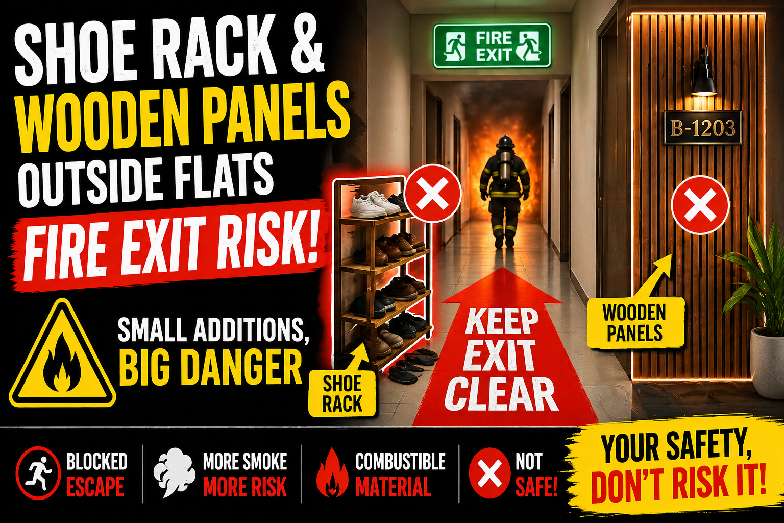 Fire exit corridor blocked by shoe rack and decorative wooden panels outside flats showing safety hazard and obstruction during emergency evacuation