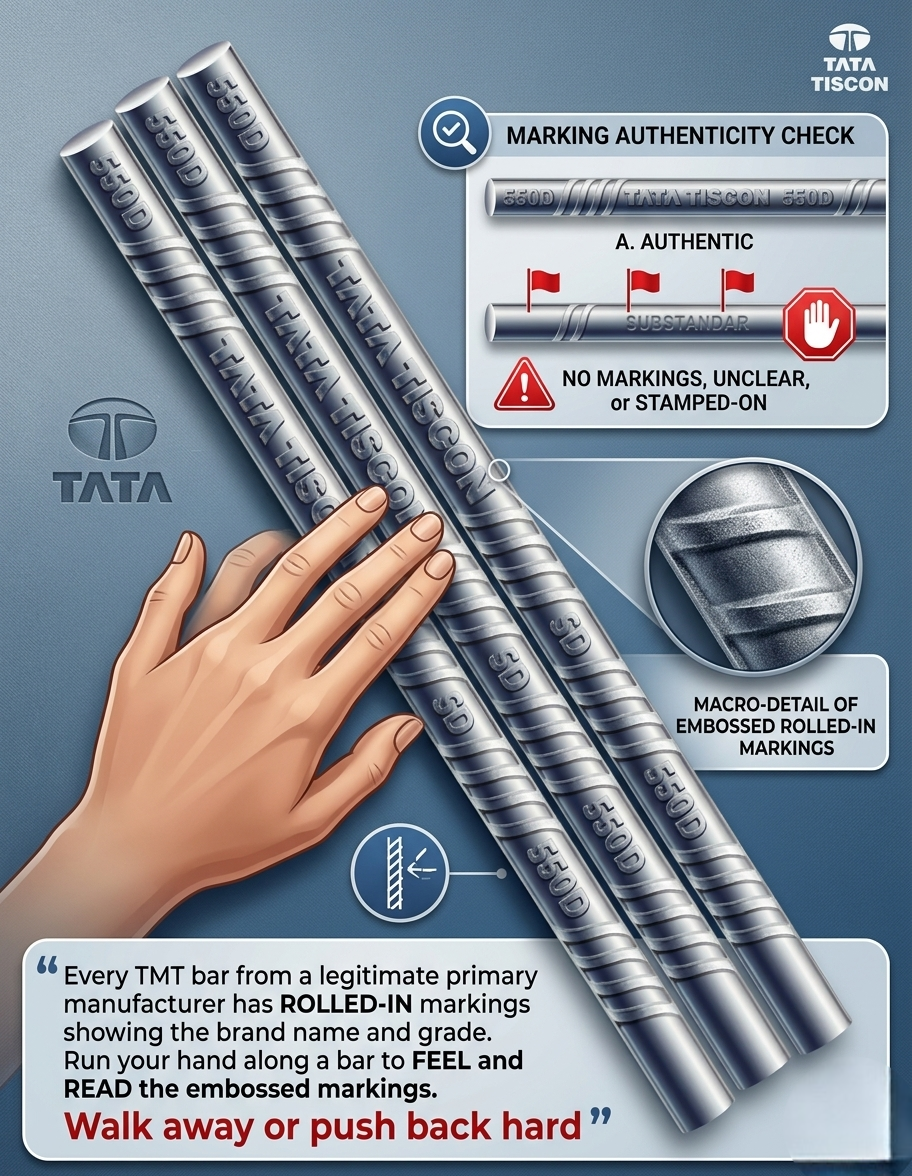 "Infographic titled 'Marking Authenticity Check' explaining how to verify TMT steel bar quality. The image shows three Tata Tiscon steel bars positioned diagonally, with a hand reaching out to touch them, demonstrating how to 'feel' the embossed markings. A callout box highlights a 'Macro-detail' of rolled-in, raised letters. A secondary box compares 'Authentic' rolled-in markings against 'Substandard' examples that lack clear markings or look 'stamped-on,' using red flags to signal caution. The text at the bottom reads: 'Every TMT bar from a legitimate primary manufacturer has ROLLED-IN markings showing the brand name and grade. Run your hand along a bar to FEEL and READ the embossed markings. Walk away or push back hard.'"