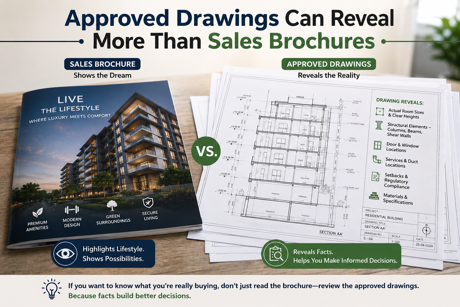 A professional comparison graphic showing a glossy real estate sales brochure beside detailed approved architectural drawings on a wooden desk. The brochure highlights luxury lifestyle imagery, while the technical drawings reveal actual room sizes, structural elements, parking layout, services, and compliance details. Large headline text reads “Approved Drawings Can Reveal More Than Sales Brochures,” emphasizing the importance of reviewing official plans before buying property.